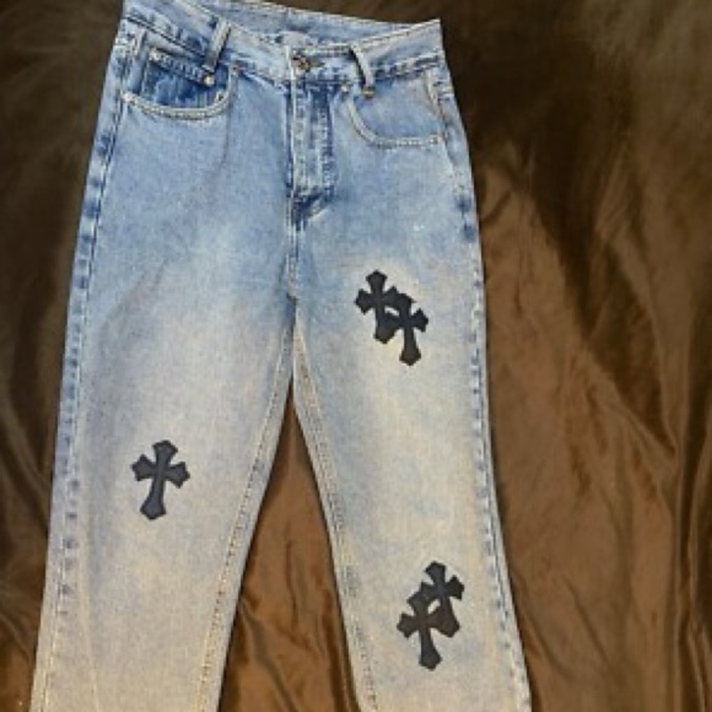 Chrome Hearts Blue and Black Straight Leg Jeans with Decorative Cross Designs